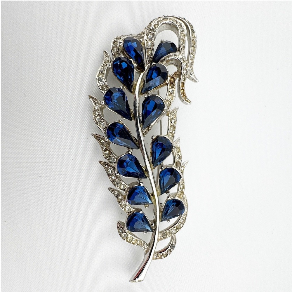 Ledo Vintage Silver Tone Blue Rhinestone Feather Brooch Pin Costume Jewelry